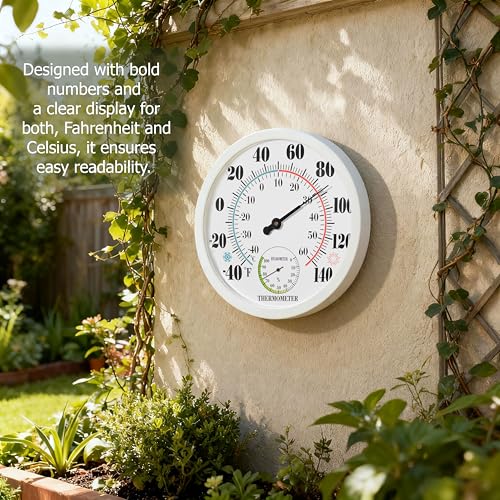 Clockswise 10" Outdoor Indoor Wall Thermometer and Hygrometer Combo Temperature & Humidity Gauge with Fahrenheit & Celsius Scale Decorative Weather Monitor for Home Garden Greenhouse or Office, White