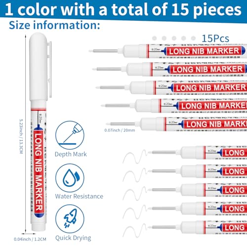 15 PCS Long Head Deep Hole Marker Pens,20mm Long Nib Marker,Longs Nose Markers,Waterproof Construction Markers Marking Tool,Permanent Markers Carpenter Ink marker Pens,Metal marking Pens,White - color: 15PCS-20MM White