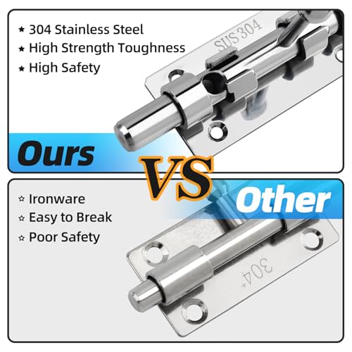 Barrel Bolt Latch, 7.9" Heavy Duty Gate Latch Slide Lock Solid 304 Stainless Steel Bolt Lock for Inside Door, Finished Shed Door Latch (Silver) - color: Silver 8inch