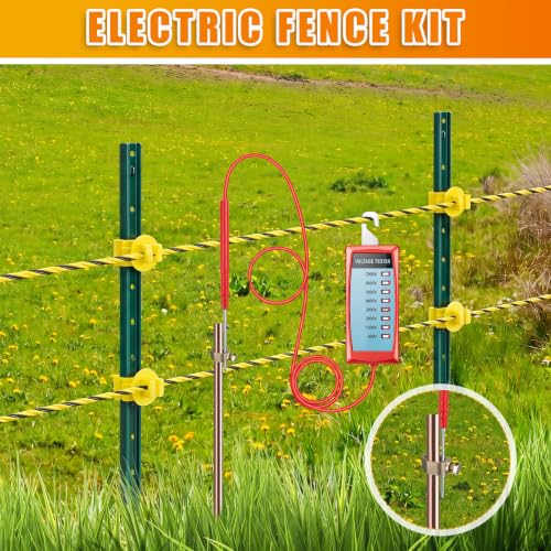 Zonon 24 Pcs Electric Fence Kit Include 656 ft Electric Fence Polywire and Fences Voltage Tester and T-Post Insulatorand 4ft Ground Rod with Attached Wire Clamp for Electrical Fences Farms