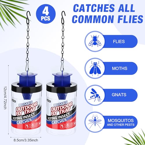 Qualirey 4 Pcs Fly Traps Outdoor Reusable Hanging Fly Jar Trap Gnat Bug Catcher Killer for All Flies Outside Filth Flies Insect Bug Control Patios Yard Ranch Barns (Blue) - color: Blue