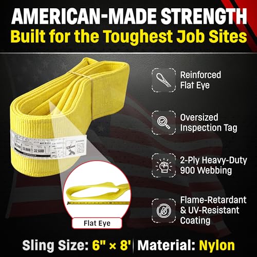 DD Sling 6 Inch x 8 Foot Nylon Lifting Sling – USA Made, 16,300 lb Vertical, 13,000 lb Choker, 32,600 lb Basket – 2-Ply Heavy Duty 900 Webbing, Type 3 Flat Eye & Eye Rigging Sling - size: 6" x 8'