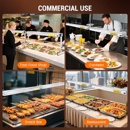 48-Inch Food Heat Lamp, 1350W Overhead Electric Strip Heater, 115V | Keep Food Warm, Stainless Steel, Adjustable Hanging or Stand, Food Warmers for Parties Buffet, Restaurant, kitchen, Silver - size: 48 Inch