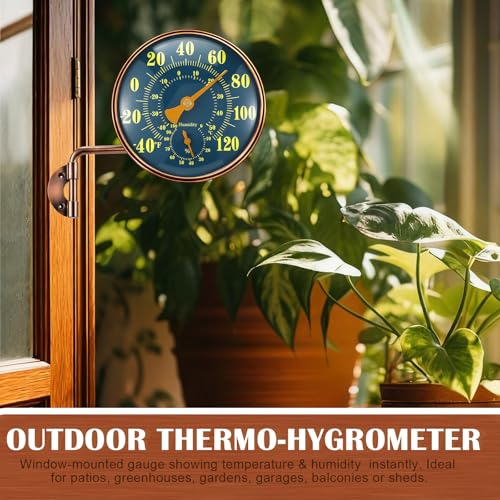 Sabary 4 Inch Outdoor Thermometer and Humidity Gauge 2 in 1 Window Thermometer for Outdoor Temperature and Humidity Monitor, Brass Analog Dial, Battery-Free for Patio Garage Garden Greenhouse Wall