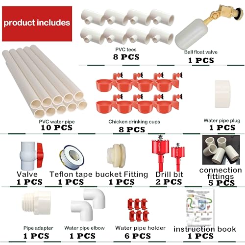 perfsign Complete Set Automatic Chicken Waterer Cups,with PVC Pipe,Chicken Water Cups,PVC Tee Fittings,Pressure Regulator for Poultry Feeding Water,Poultry Watering System,Poultry Waterer, White,red