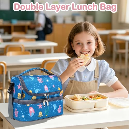 FlowFly Double Decker Cooler Insulated Lunch Bag Large Tote for Boys, Girls, Men, Women, With Adjustable Strap (Blue-Mermaid) - color: Blue-Mermaid