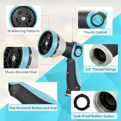 AUTOMAN Garden Hose Nozzle Sprayer - 10 Spray Patterns, High Pressure, Thumb Control On Off Valve, Metal Duty Water Nozzle, Extra 3 Washers, for Watering Garden, Cleaning, Washing Car, Showering Pets - color: Turquoise