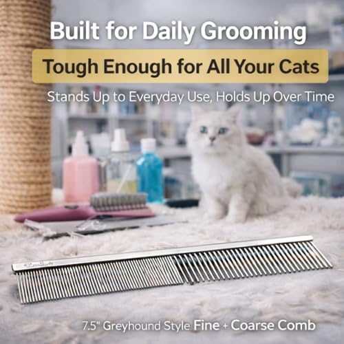 Warren London Cool Cat Greyhound Style Comb – 7.5" Professional Copper Cat Grooming Comb with Fine & Coarse Teeth, Rounded Pins for Detangling/Sensitive Skin, Deshedding & Dematting - style: Cool Cat Comb
