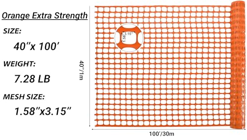 PotatoLife Orange Plastic Snow Fence, Safety Fence, 40''x100' | Temporary HDPE Fence for Construction, Garden, Animal & Pet Barrier, Easy to Install, Cut to Size, Visible, with 50 Zip Ties - color: Orange, size: 40'' x 100'
