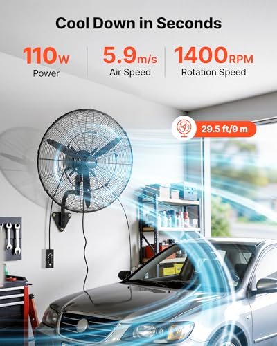 VEVOR Wall Mount Fan, 24 in Wall Mounted Hanging Fan with Oscillating & Mist, IP44-rated, 3-Speed, Powerful Air Reach, Mechanical Control, Long Airflow for Industry, Commercial, Garage, Workshop