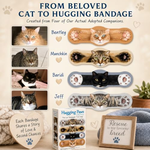 Hugging Paws – Cat Themed Bandages from Hug-a-BooBoo, The Friendly Kitty Bandages that Hug! Beautiful Wound Coverings Feature Paintings of Actual Rescue Cats! Great Cat Lover Gift! 24 Count Box - size: 24ct, style: Cats