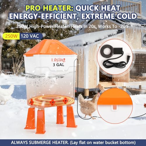 Lilyang Heated Chicken Waterer 3 Gallon, 250W Thermostat Control | Submersible Heat Plate, Chicken Water Heater With Nipples, Freeze-Proof Poultry Drinker for Winter, No-Tools Assembly