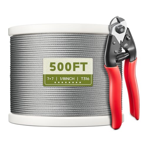 500FT 1/8" T316 Stainless Steel Cable for Railing, 7x7 Wire Rope | Marine-Grade T316 SS, High Strength, Flexible for Deck Cable Railing System Kit, DIY Balustrades, Comes with a Cutter - size: 500 ft