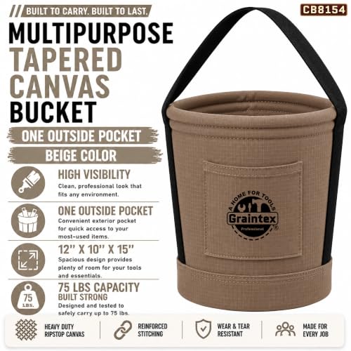 Graintex Tapered Canvas Bucket 12"x10"x15", Utility Tool Bucket One Inside Pocket, Reinforced Base & Carry Handle, Ripstop Canvas - Beige - color: Beige