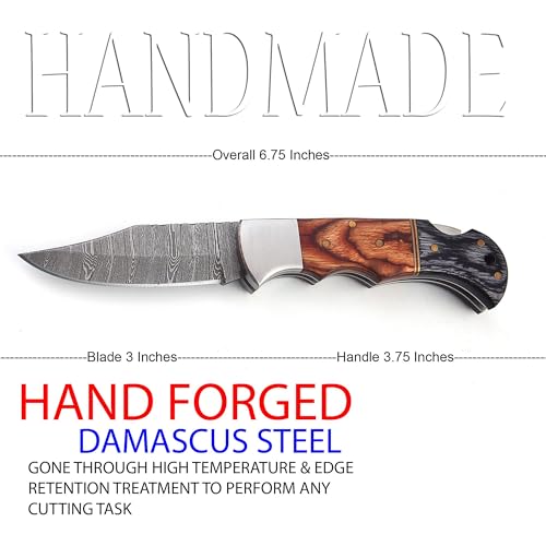 Poshland Steelware Custom Damascus Steel Folding Pocket Knife – Handmade, Compact for Outdoor, Camping, Hiking and Hunting– Back Lock, Durable Damascus Blade for Everyday Carry - color: Rose-Wood