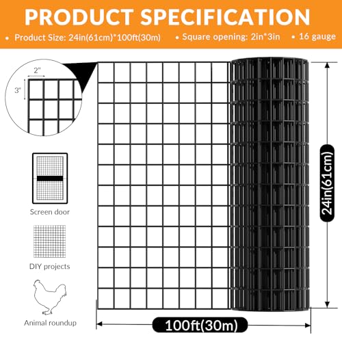 Welded Wire Fence, 24 Inch x 100 Foot Black PVC Coated Wire Mesh, 2 Inch x 3 Inch 16GA Garden Border Fencing Roll Vinyl Coating Metal Wire Mesh for Yard Vegetable Plant Protection Poultry Netting - size: 24X100ft