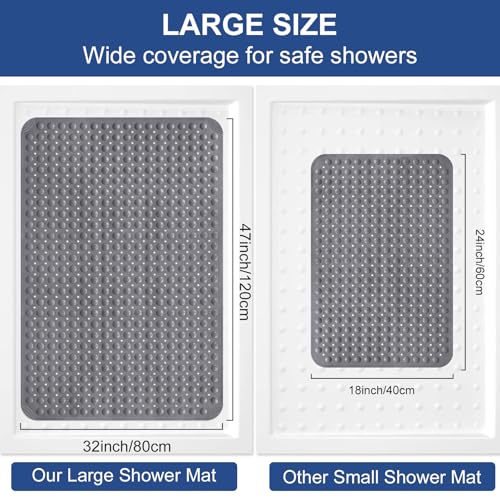 Shower Mat Non Slip: 47" x 32" Large Shower Mats for Inside Shower - Soft TPE Cuttable Anti Slip Shower Stall Mat with Drain Holes and Suction Cups - color: Dark Gray, size: 47" x 32" (Rectangular)