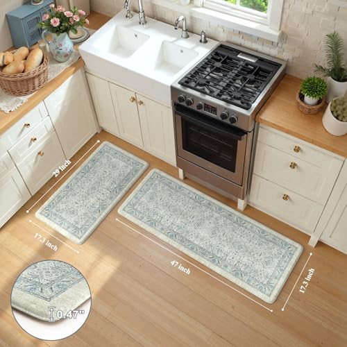KIMODE Anti Fatigue Kitchen Mats for Floor, Vintage Kitchen Rugs Sets of 2 | Cushioned Kitchen Floor Mats Non Slip, Comfort Boho Rugs for kitchen floor, Sink, Laundry, Desk Blue 17"x47"+17"x29" - color: Blue, size: 17.3" x 47"+17.3" x 29"--0.47 inches