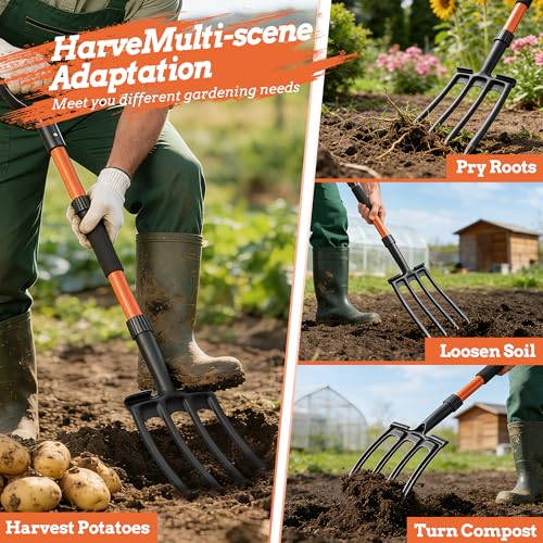 Garden Fork for Digging, 4-Tine Pitch Fork with Foot Step, Ergonomic Y-Handle & Comfortable Grip, Lightweight Durable Pitchfork for Soil Loosening, Compost, Mulch, Weeding & Potato Harvest - 43 Inches - size: 43-inchs