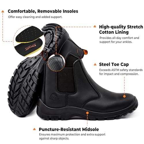 Work Boots for Men, Slip On Steel Toe Chelsea Safety Boots, Waterproof Slip Resistant Work Shoes, Lightweight Comfortable Breathable Non Slip Safety Toe Shoes - color: Black, size: 10