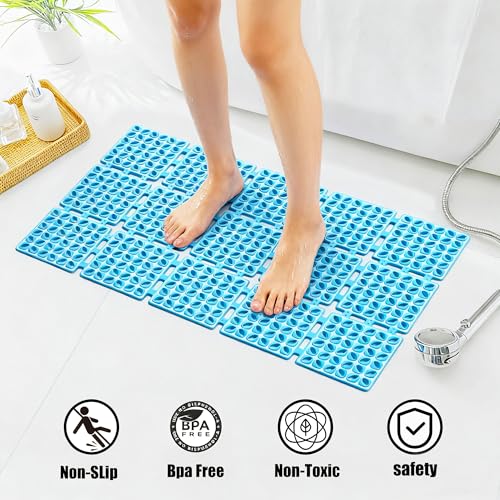 Non Slip Shower Mat for Bathtub with Strong Suction Cups | Quick-Dry Drain holes. Firm Yet Elastic Surface Massages Feet, Boosts flow. Sticks to wall to dry, folds, 26.2"x15.6" Blue - color: Blue, size: 26.2" x 15.6" (Rectangular)