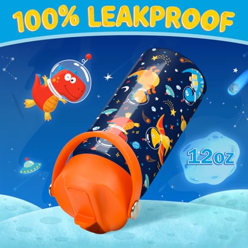 Kids Water Bottle with Straw Lid - 12 Oz Insulated Stainless Steel Dinosaur Water Bottles for Kid Boys - Travel Cup for School Sports - color: Cosmos Dinosaur