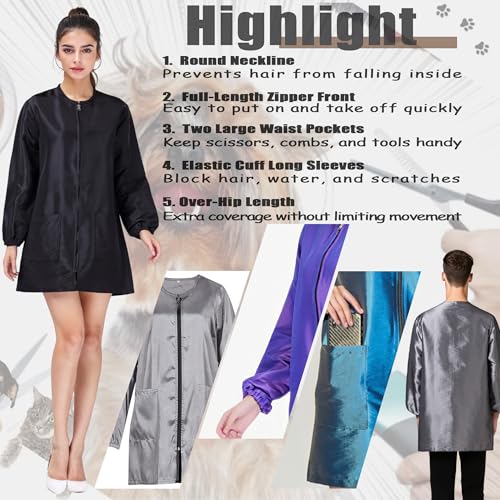 Dog Grooming Smock Long Sleeves Water-Repellent Hair-Proof (Black, L)