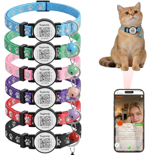 6 Pack Breakaway Cat Collar with QR Code & Bell, Reflective Safety Collars with Online Pet ID Storage, Adjustable Nylon Collars for Multiple Cats (Mixed Colors) - color: Paw pattern - 6 pack