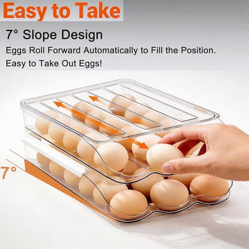 Egg Holder for Fridge, Automatic Rolling Egg Dispenser for Refrigerator with Lid, Stackable 2-Tier Egg Storage Container, Clear Food-Grade Egg Organizer for Fridge Kitchen