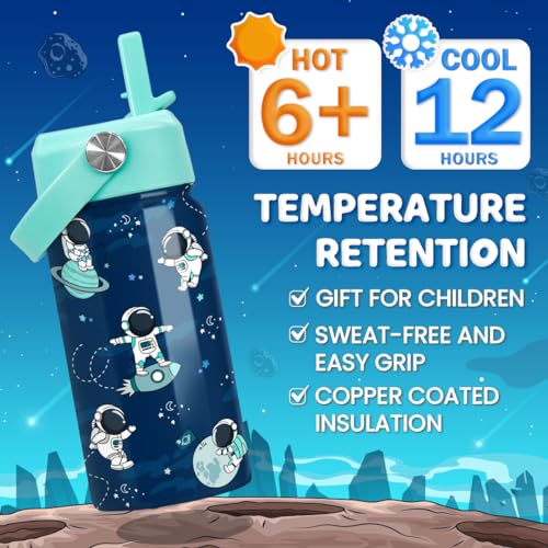 SANDJEST Astronaut Water Bottle - Kids Water Bottle with Straw Lid - 12 Oz Insulated Stainless Steel Water Bottles for Kid Boys - Travel Cup for School Sports - color: Astronaut