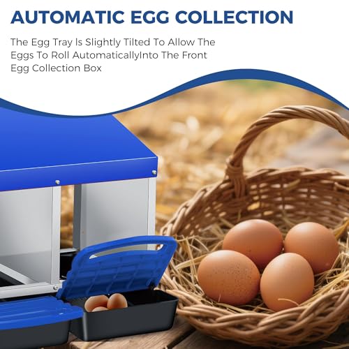 Galvanized Steel Chicken Nesting Box 3 Compartment with Pull Out Tray, Roll Away Nest Boxes for Laying Hens Egg Collection, Wall Mount Poultry Nest Box for Coop with Handle, Blue - color: Blue, size: 3 Compartments