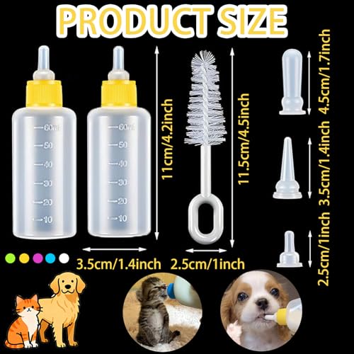 60ml Newborn Pet Feeding Bottle Kit | Puppy Kitten Nursing Bottles with 10 Silicone Nipples, Cleaning Brushes & Nipple Puncher | Anti-Choke Milk Feeder for Small Animals