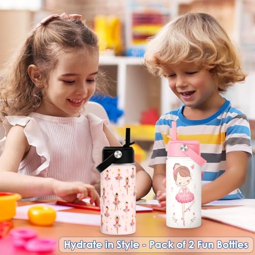 SANDJEST Ballet Kid 12oz Water Bottle with Straw Lid - 2-Pack Insulated Stainless Steel Water Bottles for Kids Girls - Travel Cup for School Sports - color: Ballet + Ballet (2 Pack)