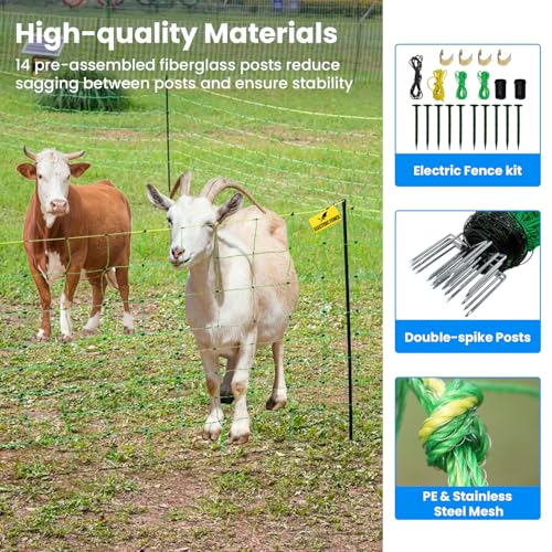 Electric Fence Netting, 42.5" H x 164'L, for Livestock, Cattle, Sheep, Goat | Electric Netting Fence, Pre-Assembled, 14 Posts Double Spiked, Portable Livestock Nets Used in Backyards, Farms and Ranches