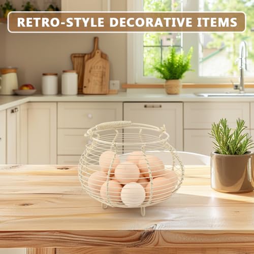 Wire Egg Basket for Gathering Fresh Eggs Holder,Holds About 20 Large Eggs | Retro Handle Egg Gathering Basket,Metal Eggss Holder Countertop,Farmhouse Eggs Storage Container for Farmhouse (White) - color: White