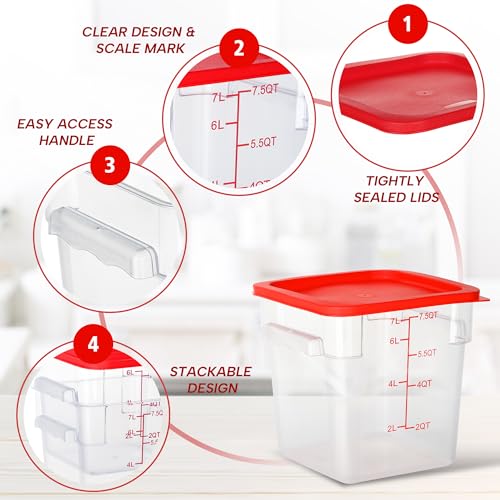 4 Pack 8QT Square Food Storage Containers with Lids | Clear NSF polycarbonate containers with scale, label and measuring cup, stackable for prep, storage, freezer. Dishwasher safe - color: 8Qt