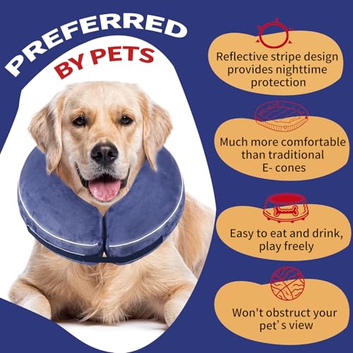 Inflatable Reflective Dog Cone Collar Alternative After Surgery,Doggie Recovery Dount Neck Ecollar,Adjustable Soft Dog Cone Collar for Small Medium Large Dogs (Blue, S) - color: Blue, size: Small（8.5"-10.5"）
