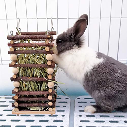 Hanging Apple Wood Rabbit Hay Feeder for Chinchilla Bunny Hamster Gerbil | Guinea Pig Grass Holder with 2 Hooks, Biting Resistant Small Animals Chew Toy, Feeding Hay Manager Shelf for Holiday Gifts