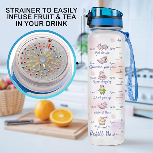 Cute Hippo Hydration Water Bottle 32oz, Stop Slacking Drink Your Water Motivational Bottle, Funny Hippopotamus Animal Gift for Women, Hippo Lover Gifts - color: Hippo
