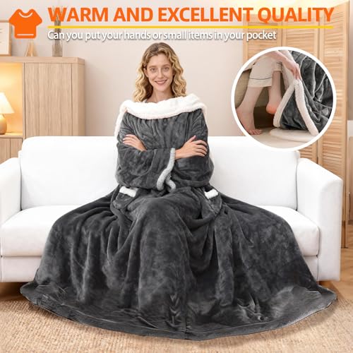 Wearable Heated Blanket With Sleeves & Foot Pocket, Heated Throw Blankets Fast Heating Blanket With 10 Heat Settings Auto Shut Off Over-Heat Protection-Warm Gift, Machine Washable, 52”*72”+18” - color: Dark Gray