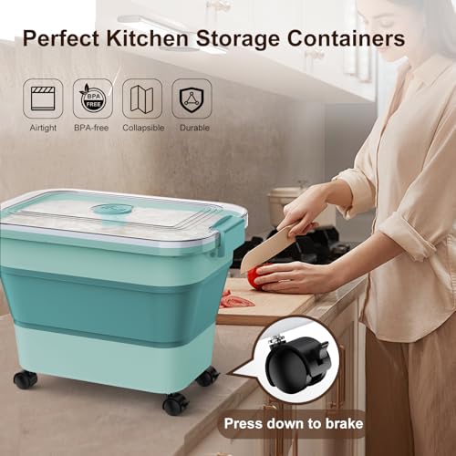 Rice Storage Container, Collapsible Airtight Food Storage Containers 20-30lbs with Clear Lid and Wheels, Rice Dispenser with Scoop for Flour Cereal Pasta Grain, Cat Pet Bird Dog Food Storage Container - size: 15-30 Lbs