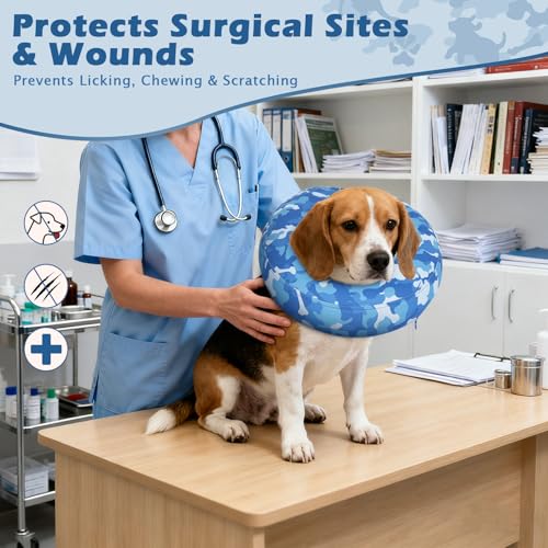 IEUUMLER Inflatable Recovery Dog Cone Collar, Neck Donut Protective ECollar, Adjustable Soft Collar for Dog and Cat After Surgery Prevent from Biting & Licking EU020 Blue Camo M+ - color: Blue Camo, size: Medium + (Neck:11''-13'')