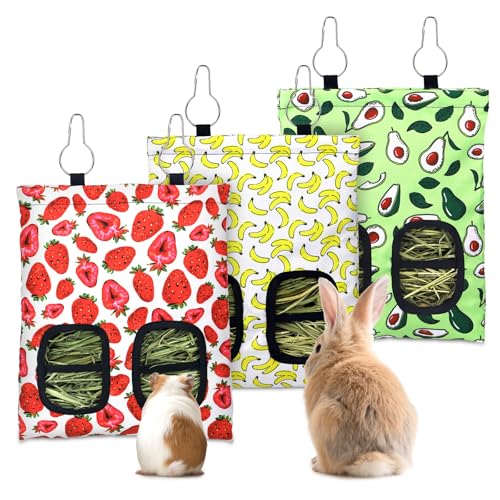 3 Pcs Rabbit Hay Feeder, 2-Hole Hanging Guinea Pig Hay Bags Washable Bunny Hay Bag for Rabbits, Chinchillas, Hamsters, Small Pets and Animals (11.8"×8.7") - color: Green,Red,Yellow