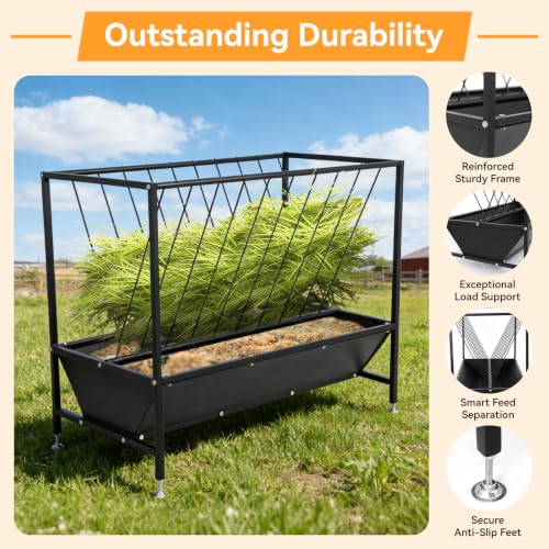 70 Gallon Pasture Hay Feeder, Heavy-Duty 2-in-1 Livestock Feeder with Grain Trough, Galvanized Steel Hay Rack for Goats, Sheep, Calves & Miniature Horses, Weather Resistant Farm Manger