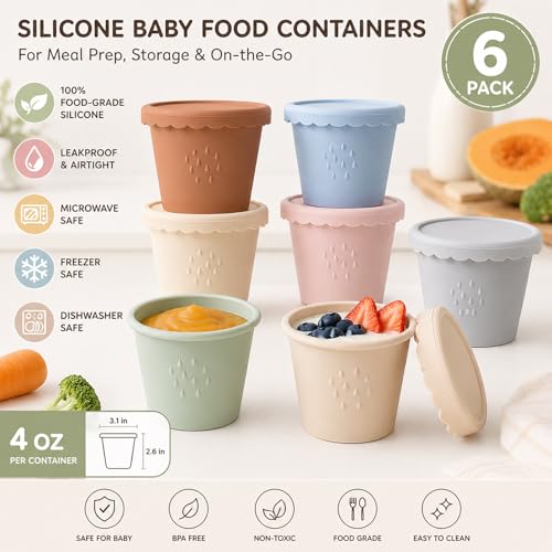 Silicone Baby Food Containers 6 Pack 4oz Baby Food Storage Set, Airtight Leak Proof Baby Feeding Cups, Freezer & Microwave Safe, Stackable Baby Snack Containers, Baby Shower Gift Andy Bear