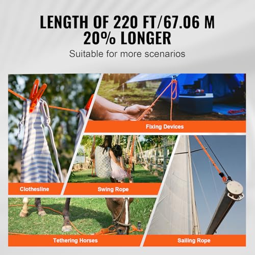 VEVOR Double Braided Polyester Rope, 3/4 in x 220 ft, 24 Strands, 20000 LBS Breaking Strength Outdoor Climbing Rope, Arborist Rigging Rope for Rock Hiking Camping Swing Rappelling Rescue, Orange/Black - size: 3/4 Inch x 220 FT, style: Polyester