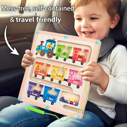 Fruit Train Maze Magnetic Busy Board & Travel Toy for Toddlers Ages 2-4 | Wooden Magnetic maze travel activity for toddlers that builds fine motor skills, focus and screen-free learning on the go. - color: Train Magnetic Maze