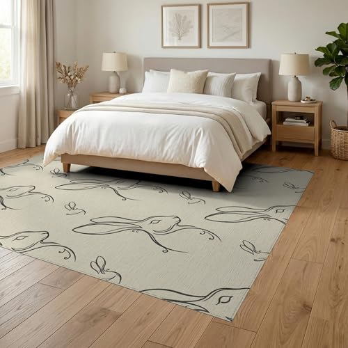 6'x9' Washable Minimalist Bunny Area Rug, Beige Non-Shedding Pet Friendly Room Rug Foldable Easy Care Carpet for Queen Size Bedroom, Under Bed, Master Suite | Ref:1969476 - color: Beige/Pattern 12, size: 6' x 9' (Rectangular)