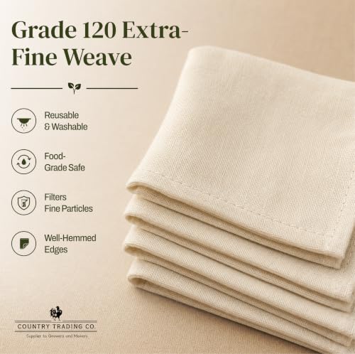 Organic Cheesecloth, Grade 120 Extra-Fine Weave, 2 Hemmed Squares, GOTS Certified Unbleached Cotton, Reusable Straining Cloth for Cheese, Nut Milk, Yogurt & Kombucha - size: 2.8 sq ft (2pcs)
