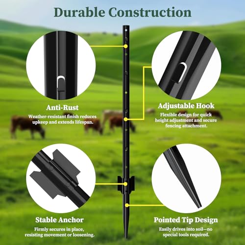 Metal Fence Posts 6 FT Black (Pack of 10) – Heavy Duty U Post for Wire Fencing, Rustproof Powder-Coated Steel Fence Stakes, No-Dig Fence Posts for Farm, Orchard, Yard & Temporary Fencing - color: Black, size: 6FT-10P